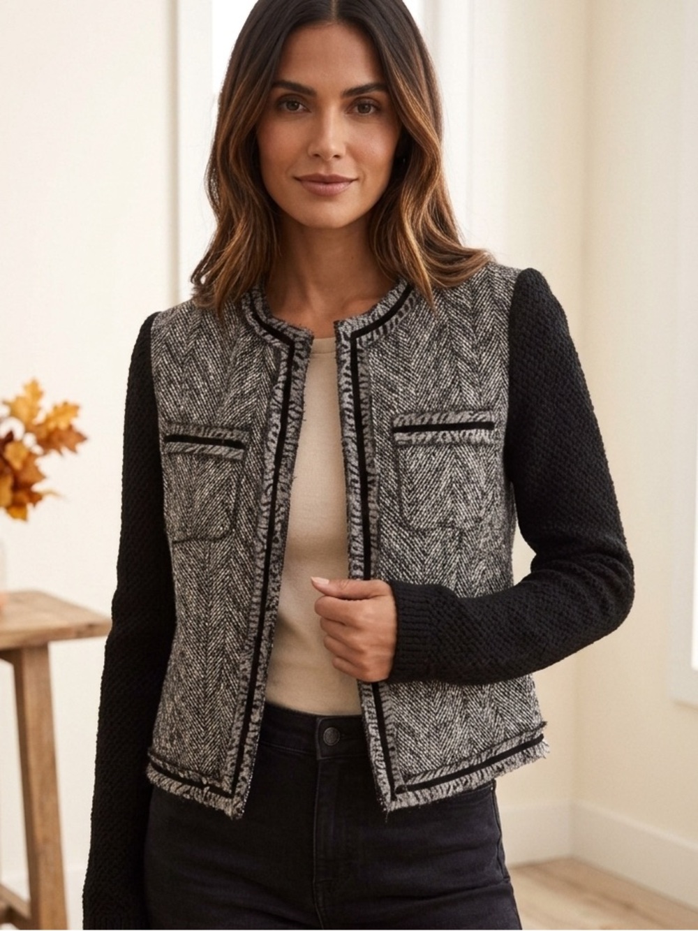 ZARA Woman Herringbone Tweed Open Front
Crop Jacket with Knit Sleeves